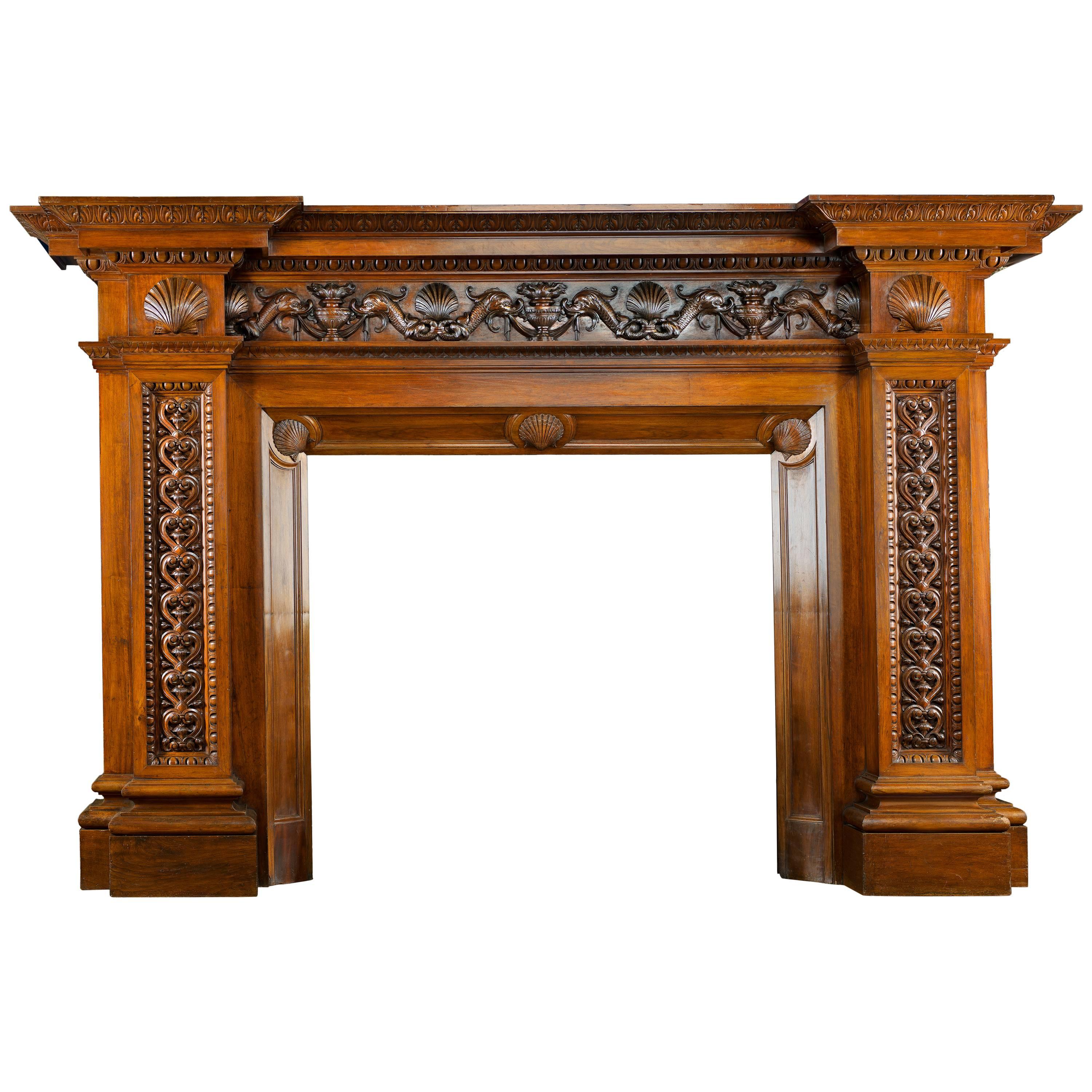 Enormous Antique Walnut Fireplace Mantel Signed Carlo Scarselli For Sale