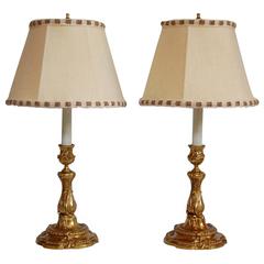 Pair of Louis XVI Style 19th Century Brass Candlesticks Wired as Lamps