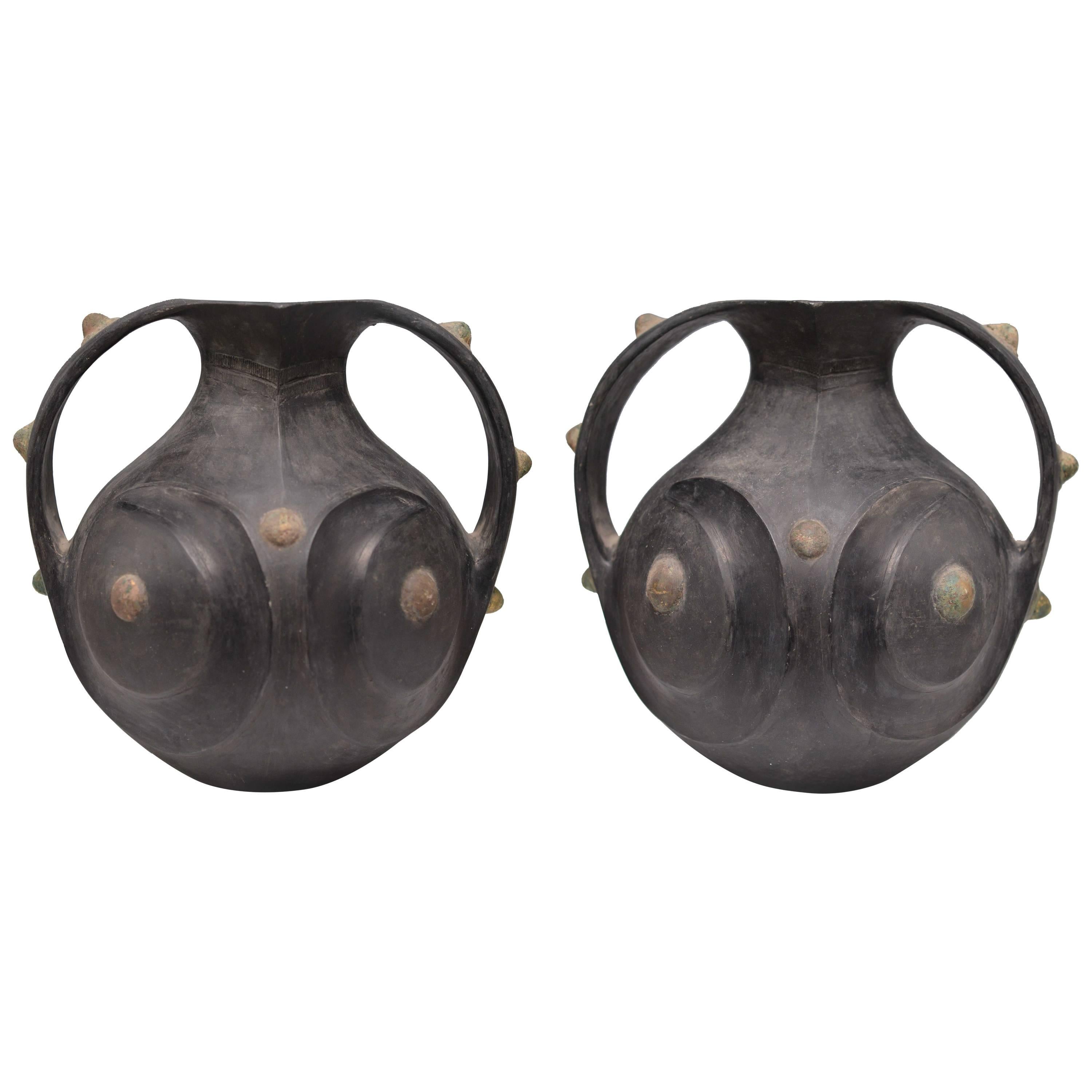 Pair of Chinese Han Dynasty Black Pottery Amphorae For Sale