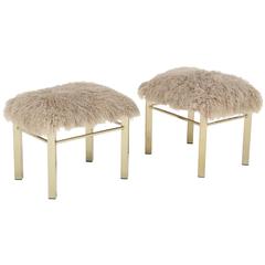 Pair of Mid-Century Modern Brass Stools with Taupe Mongolian Goat Hide