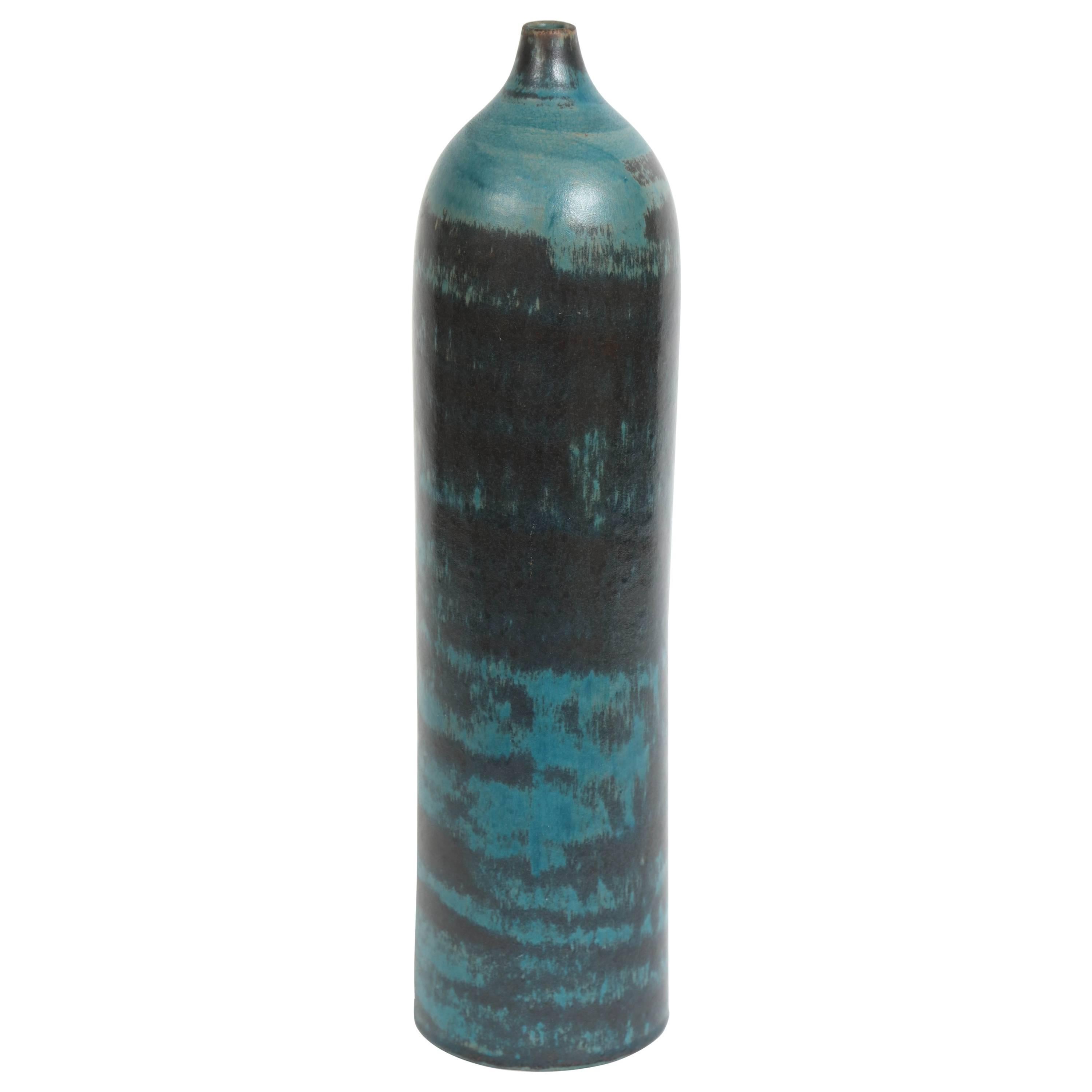 Vaso a bottiglia cilindrico in ceramica di Marcello Fantoni, gres smaltato, anni '60 circa
