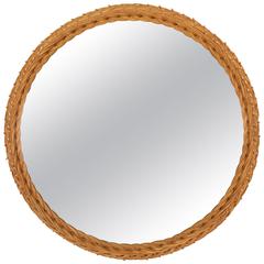 German 1970s Handwoven Wicker Circular Mirror