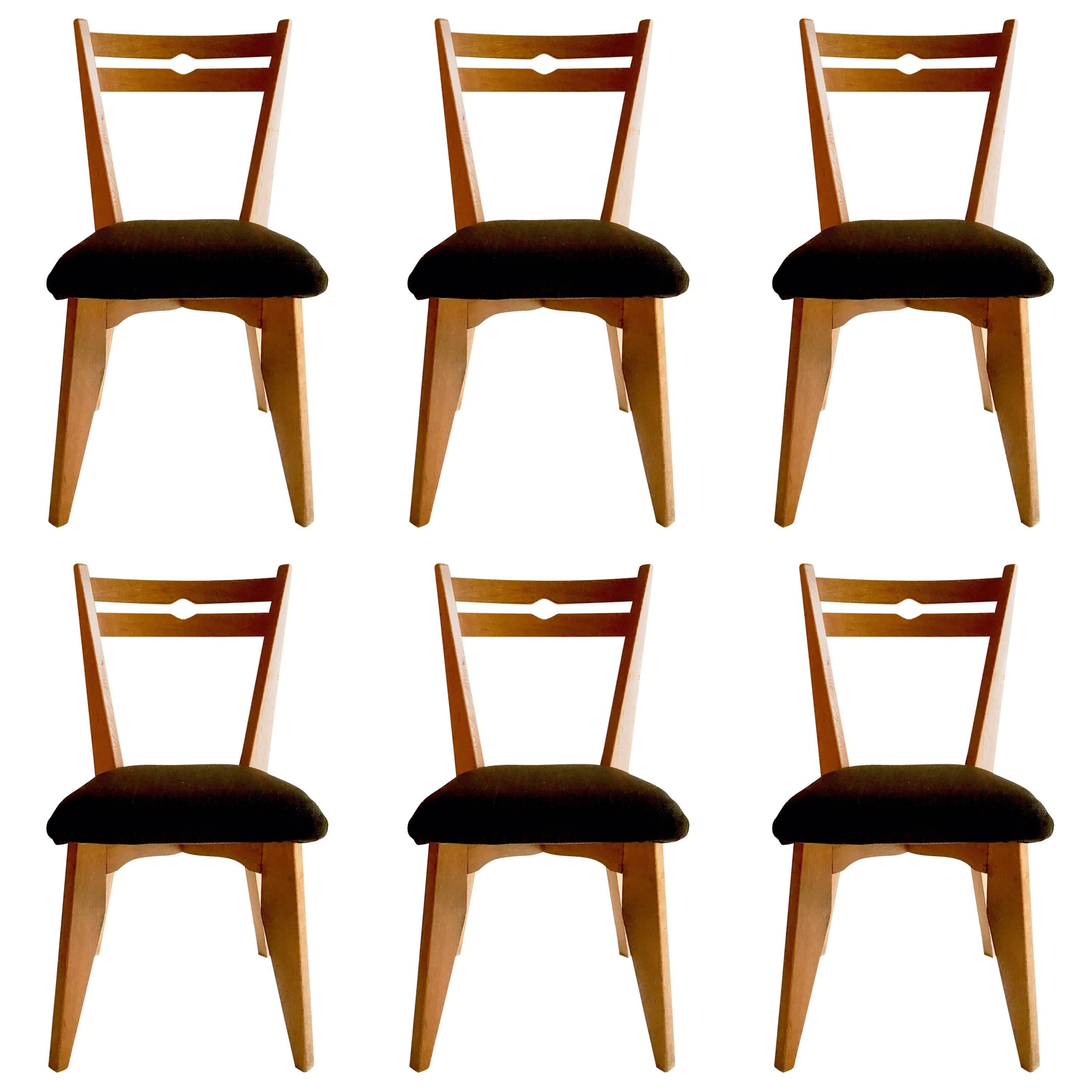 Set of Six Dining Oak Chairs by Guillerme et Chambron