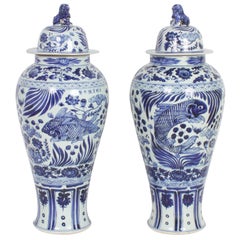 Large Pair of Chinese Export Style Lidded Temple Jars