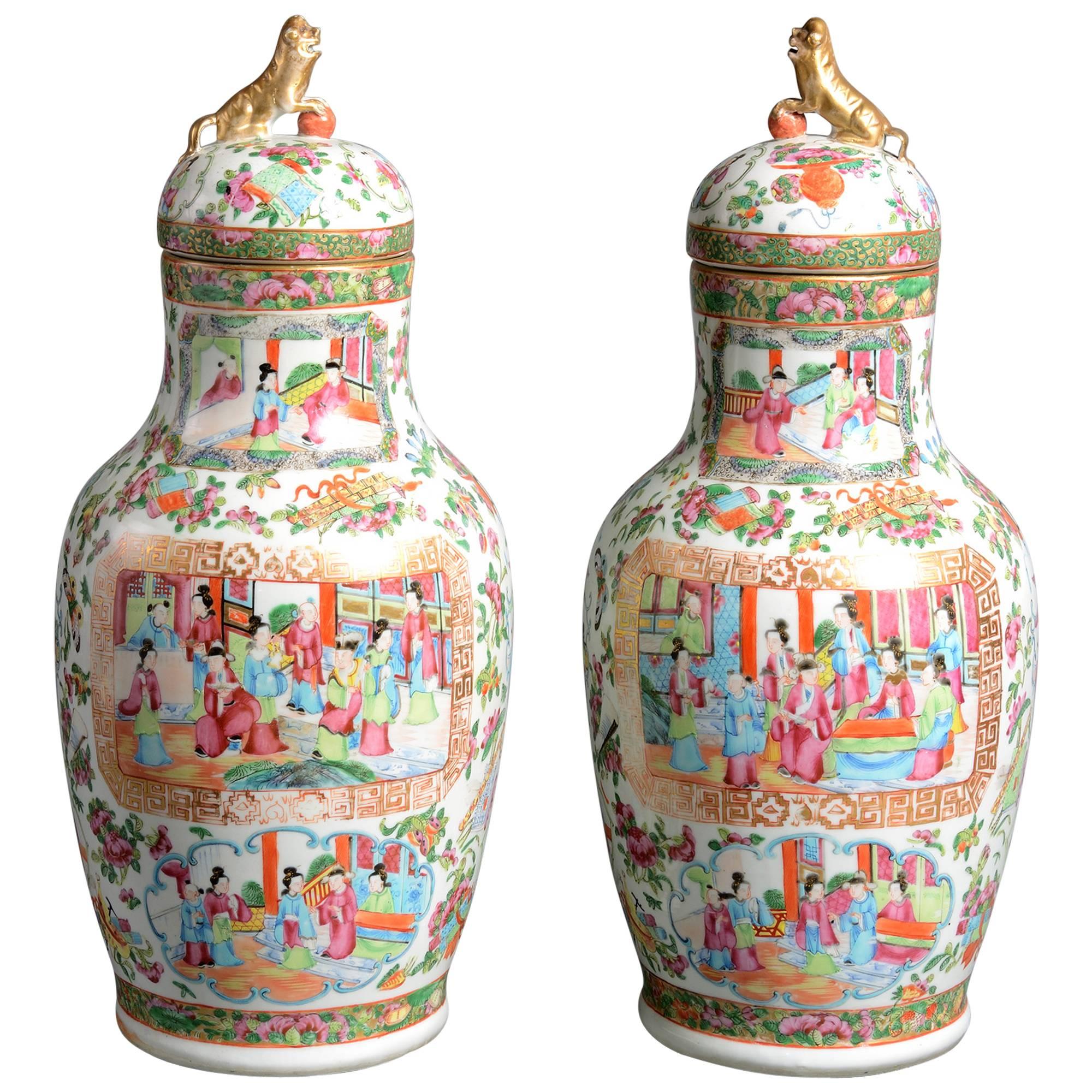 19th Century Pair of Chinese Canton Vases and Covers