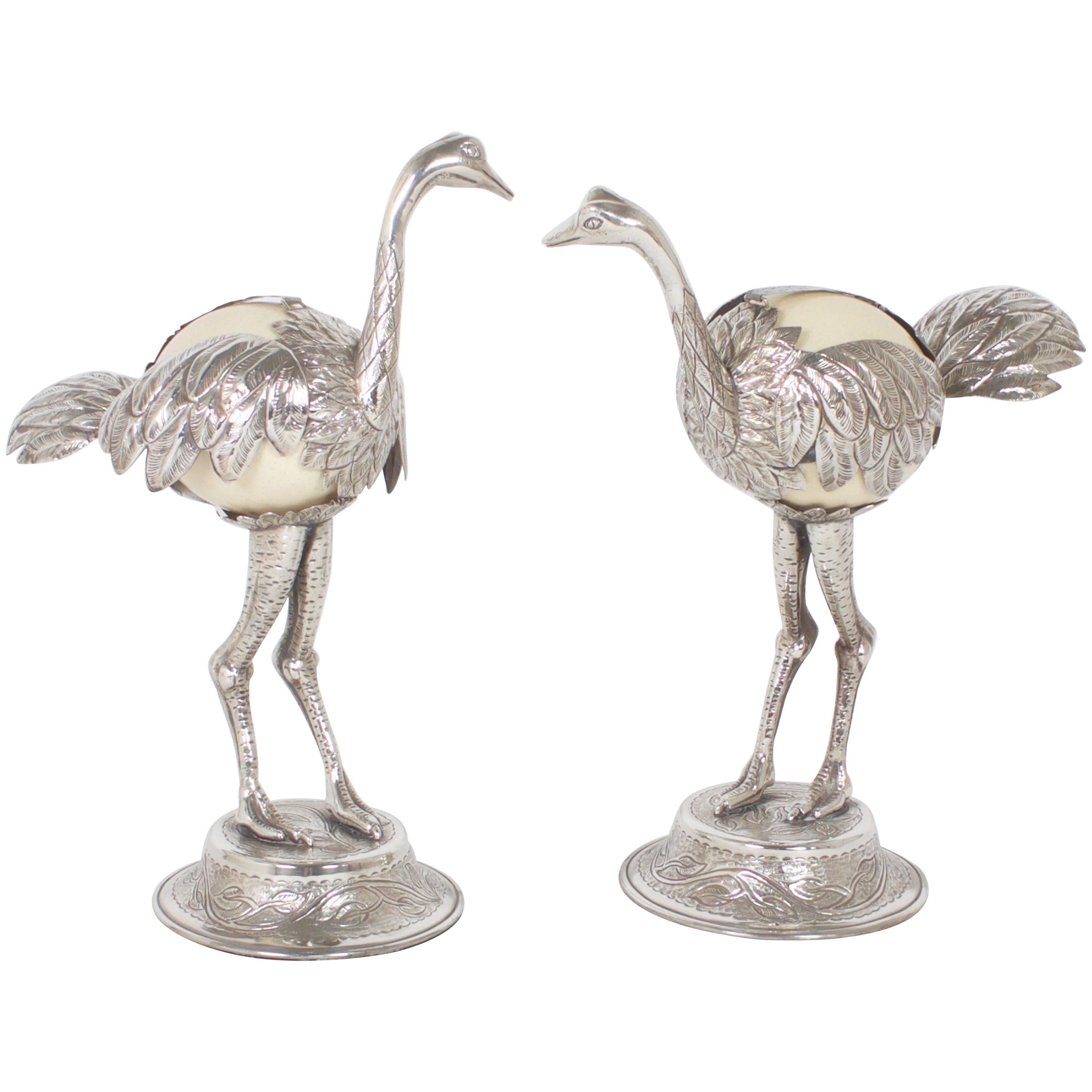 Pair of Mid-Century Silvered Ostrich Sculptures Constructed with Ostrich Eggs For Sale