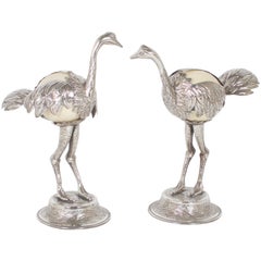 Pair of Mid-Century Silvered Ostrich Sculptures Constructed with Ostrich Eggs