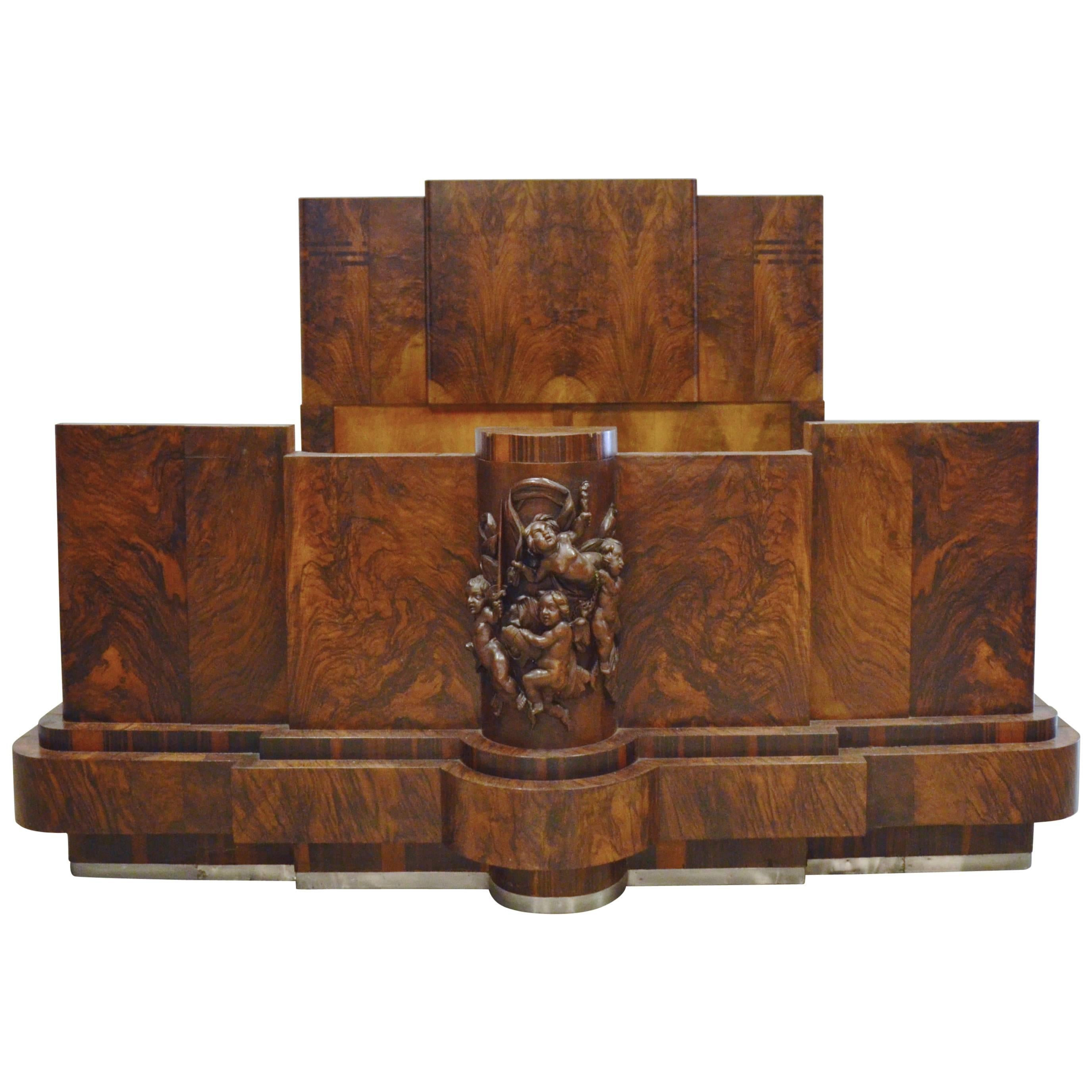 Italian Art Deco Walnut Burl and Carved Queen Bed