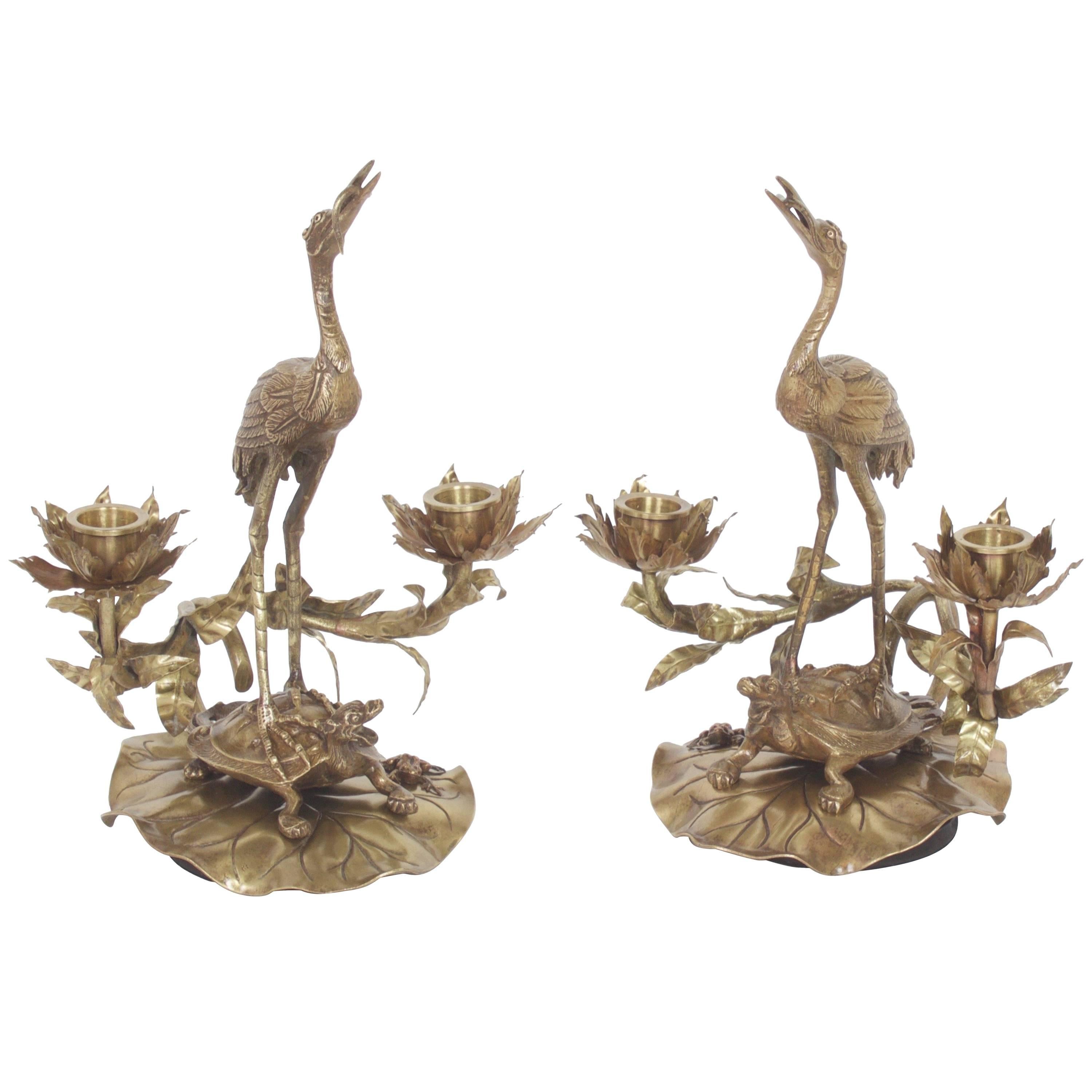 Antique Bronze Chinoiserie Crane and Tortoise Candlesticks