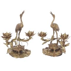 Antique Bronze Chinoiserie Crane and Tortoise Candlesticks