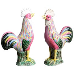 Pair of 19th Century Famille Rose Pink Cockerels with Multi-Coloured Plumage 