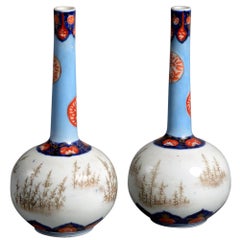 Pair of 19th Century Turquoise, Red & White Porcelain Bottle Vases