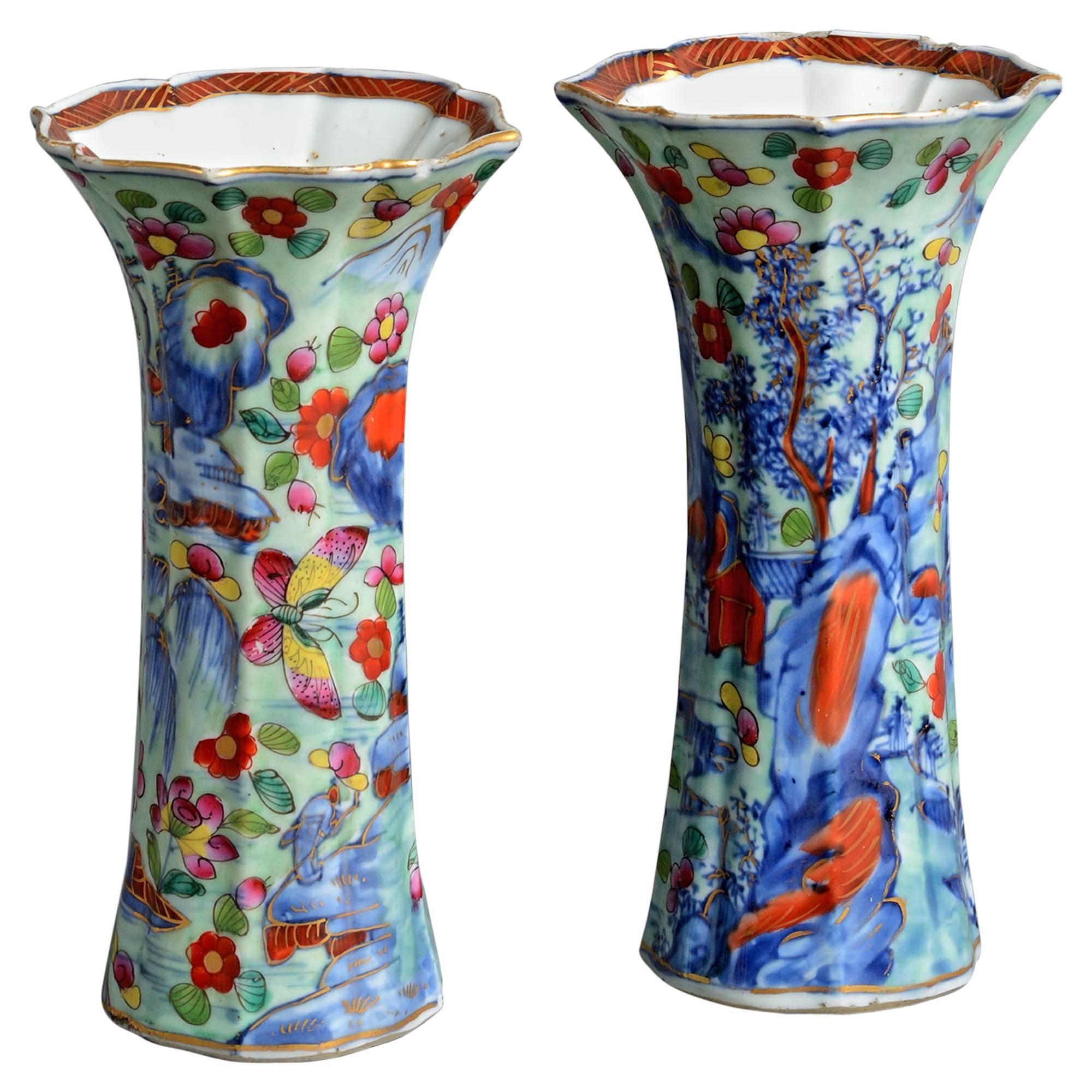 Pair of 18th Century Clobbered Porcelain Turquoise, Blue & Red Trumpet Vases