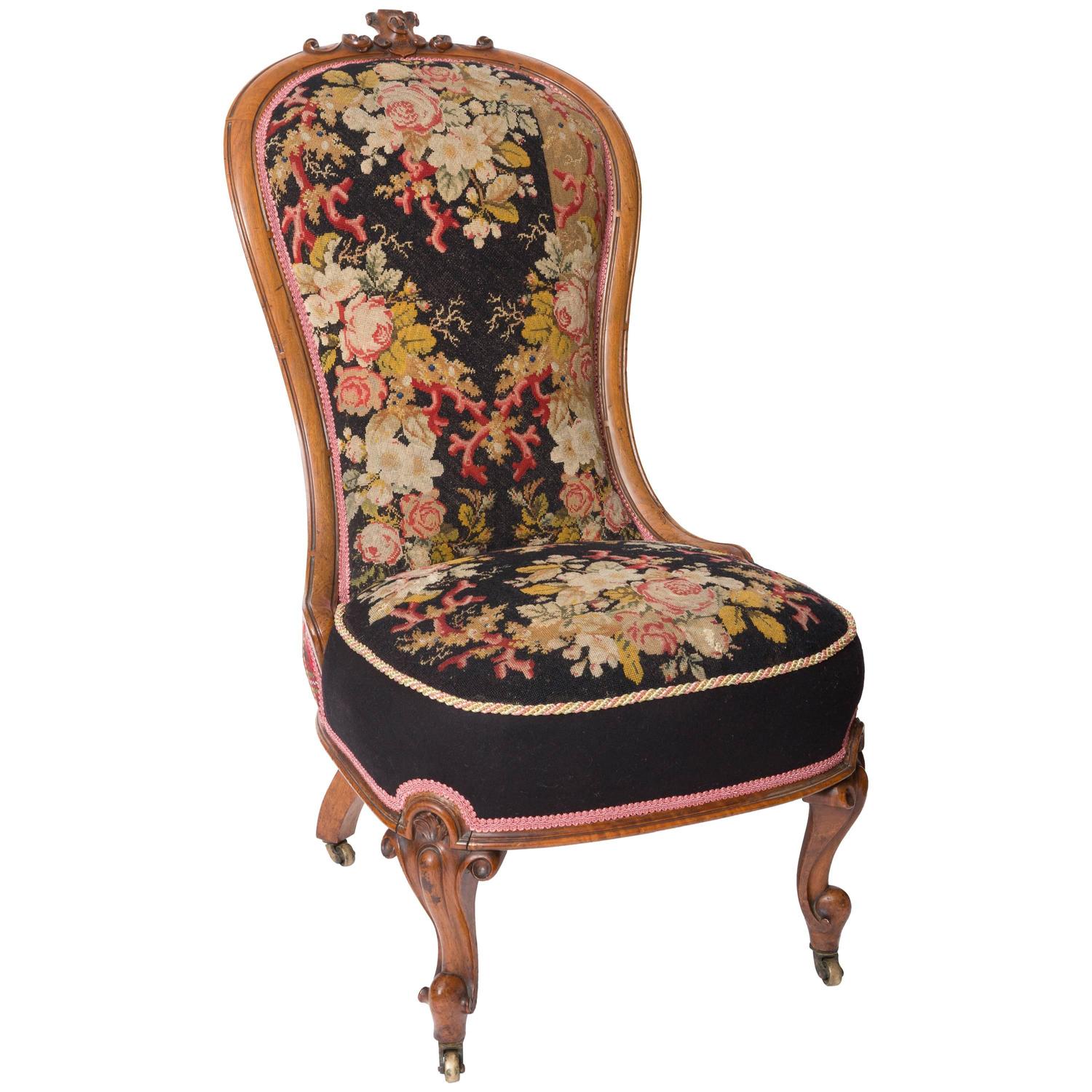 19th Century Needlepoint Upholstered English Slipper Chair For Sale at 1stdibs