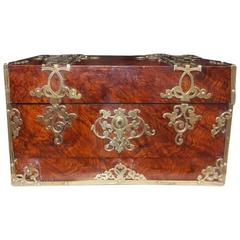 Antique English Burl Walnut Brass Mounted Ladies Traveling Box, Circa 1830