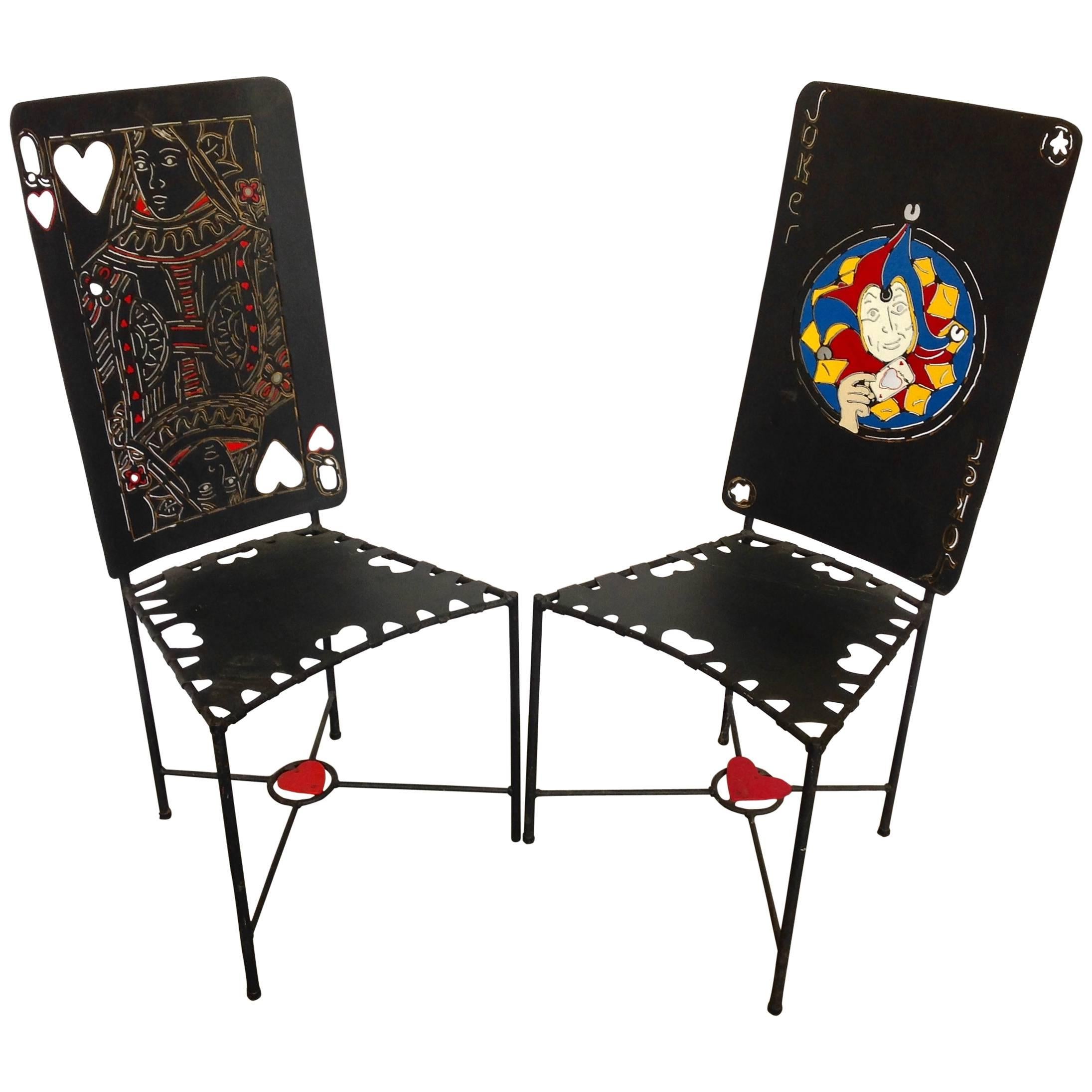 Painted Iron Playing Card Chairs Joker and Queen of Hearts For Sale