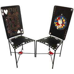 Vintage Painted Iron Playing Card Chairs Joker and Queen of Hearts