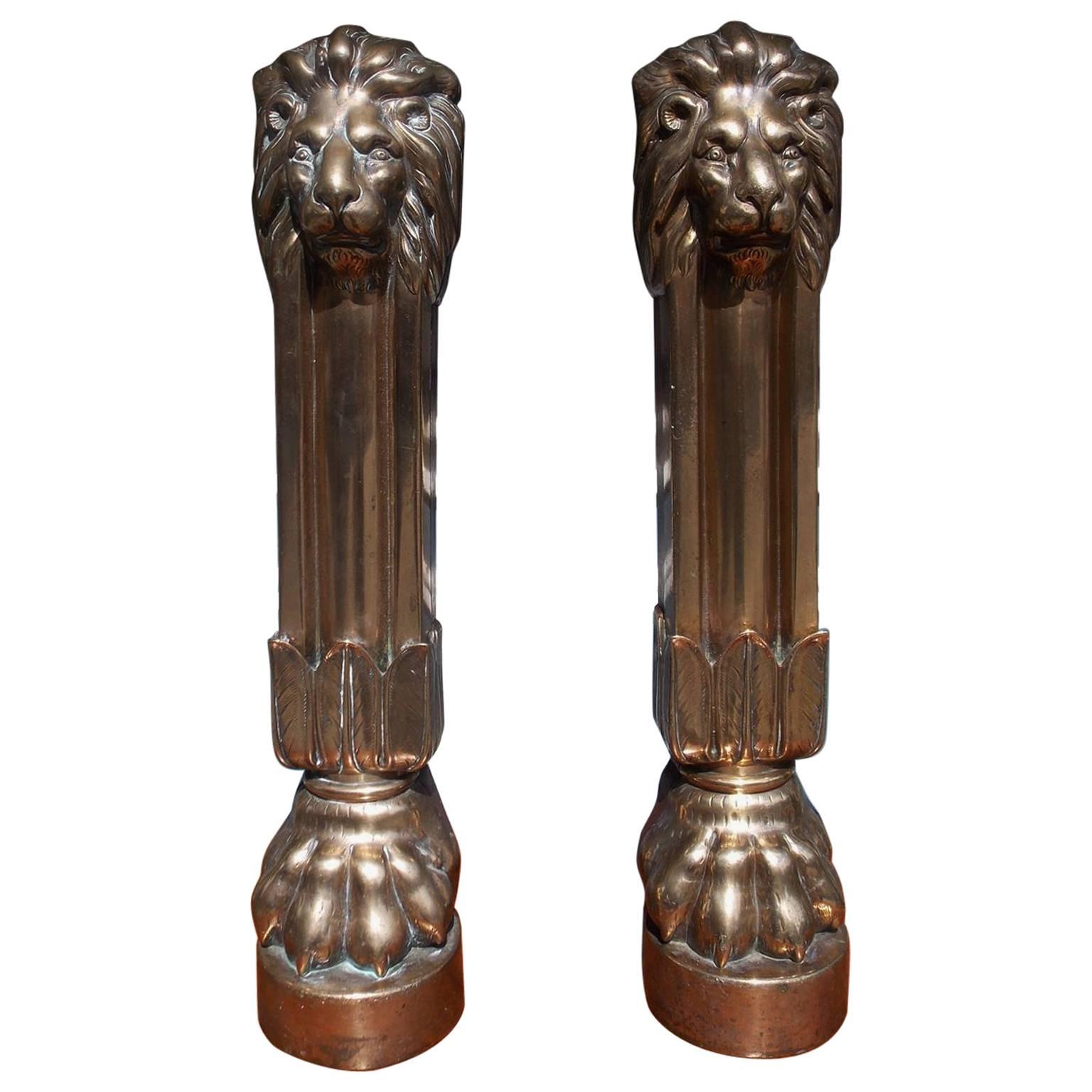 Pair of English Brass & Oak Lion Door Stops, Circa 1780