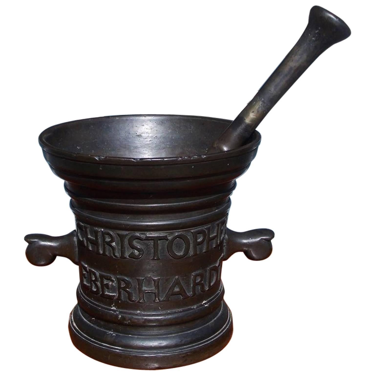  Italian Bronze Mortar and Pestle, Signed, Christopher Eberhardt, Circa 1830 For Sale