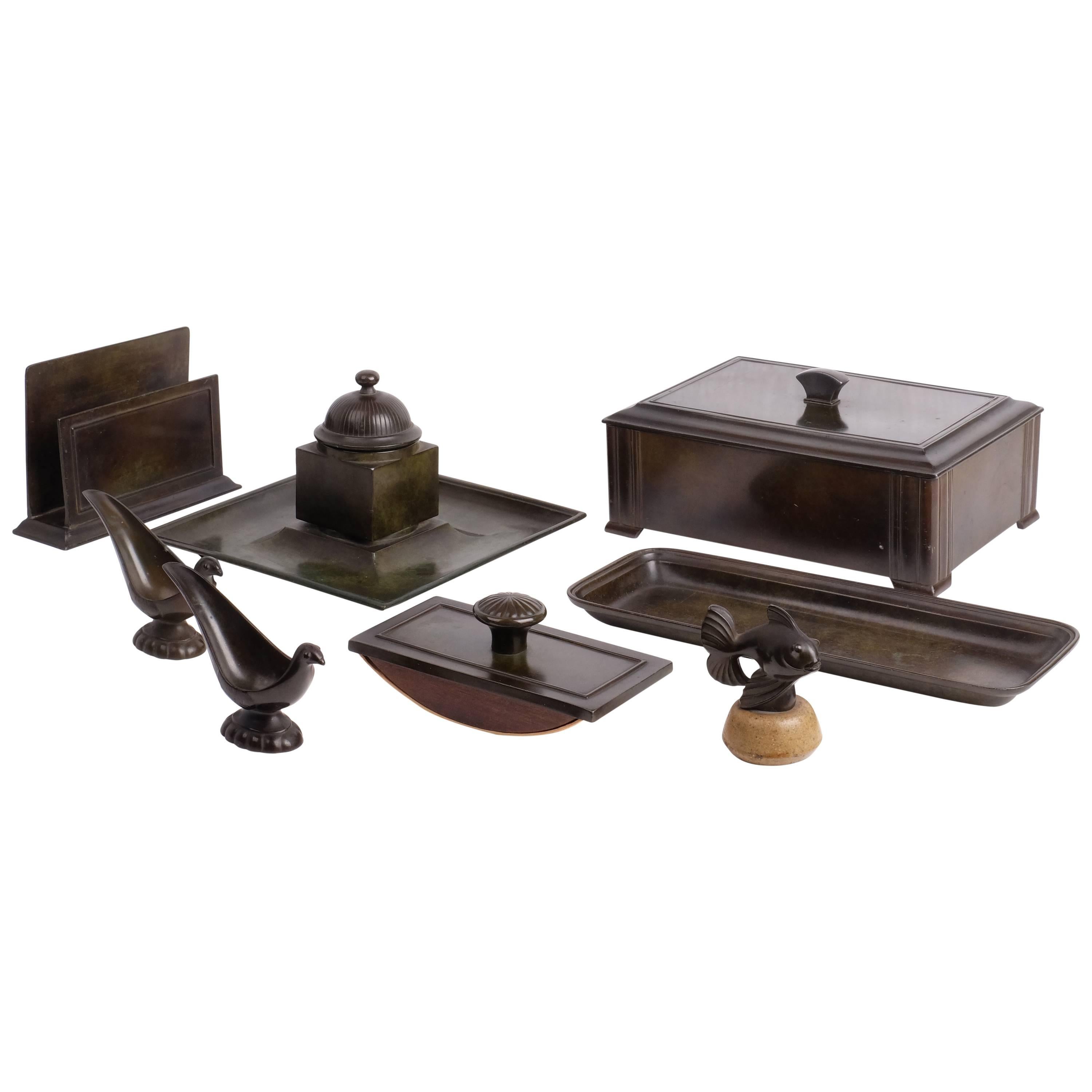 Eight Items in Disko Metal for on a Desk by Just Andersen, 1930s, Denmark For Sale