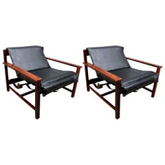 Pair of 1960s Brazilian Jacaranda Wood Reclining Lounge Chairs in Black Leather