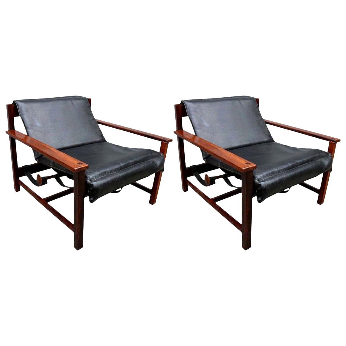 Pair of 1960s Brazilian Jacaranda Wood Reclining Lounge Chairs in Black Leather For Sale