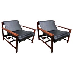 Vintage Pair of 1960s Brazilian Jacaranda Wood Reclining Lounge Chairs in Black Leather