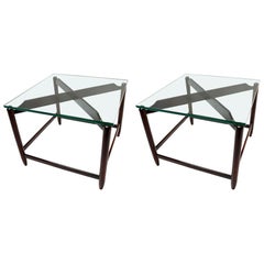 Pair of 1960s Brazilian Jacaranda Wood Side Tables with Glass Top