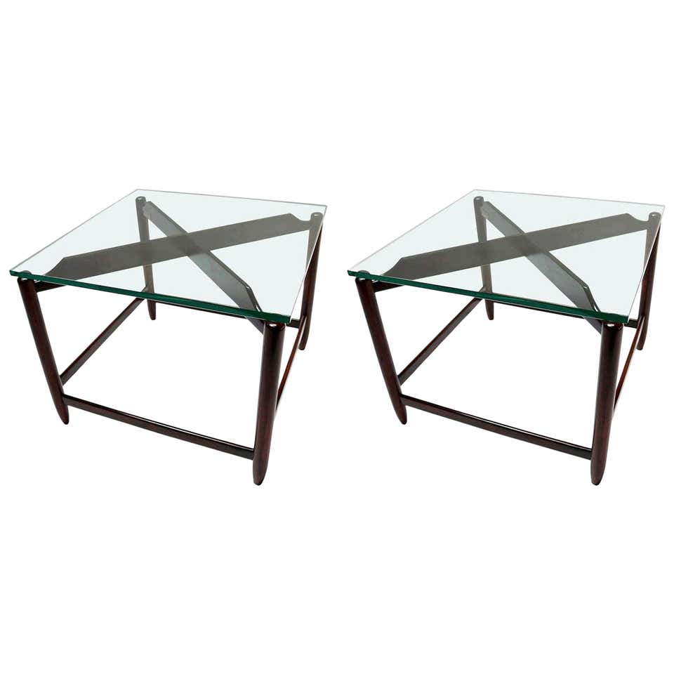 Pair of Wood Base Glass Triangular Top Tables at 1stDibs