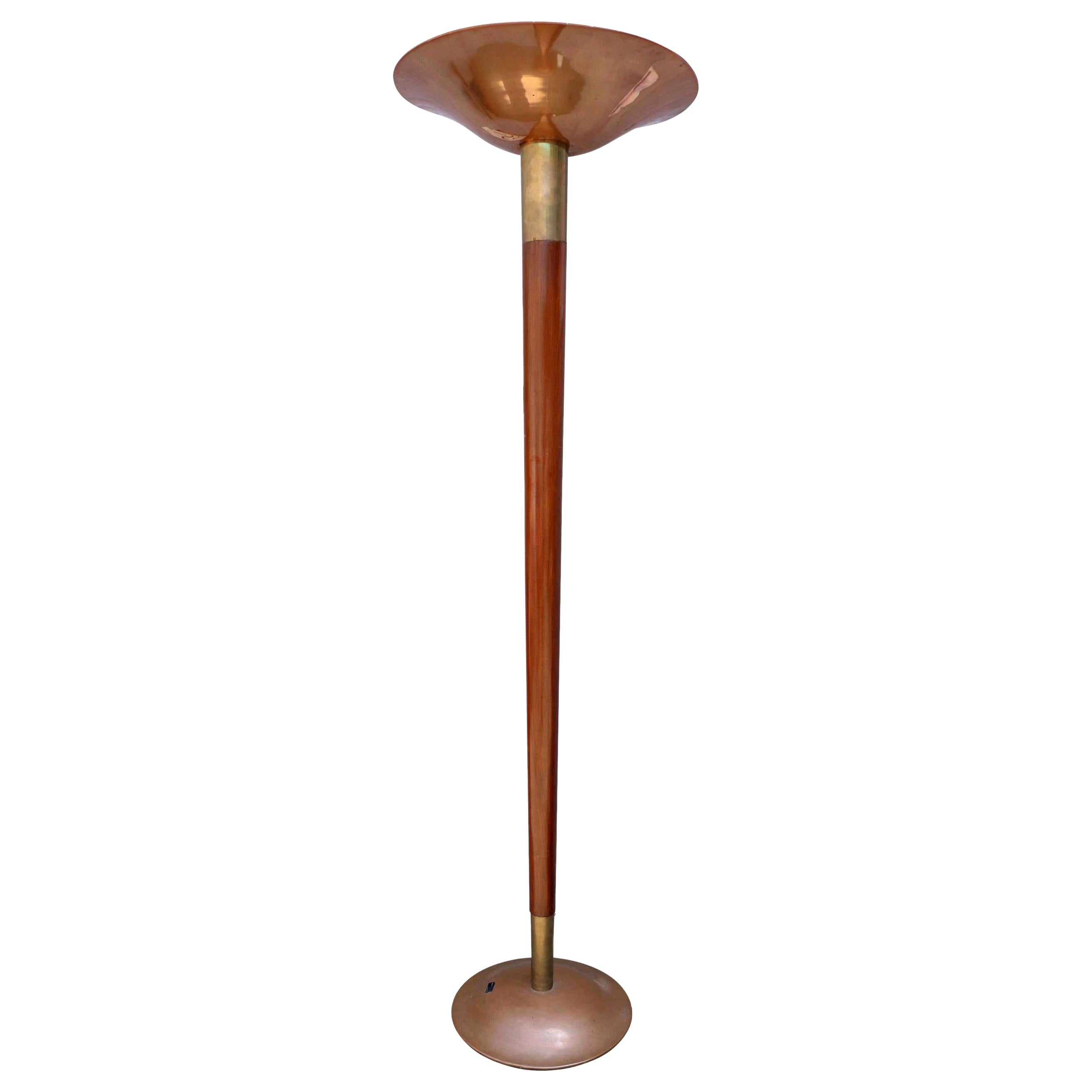 Tall Brass Wood and Copper 1960s Floor Lamp For Sale