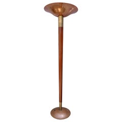 Retro Tall Brass Wood and Copper 1960s Floor Lamp