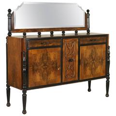 Walnut and Burl Veneered Sideboard with Mirror with Inlaid Decorations, 1920s