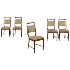 Retro Five Beech Stained Wood Chairs Foam Padding Fabric Upholstery, Italy, 1950s