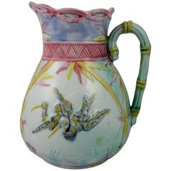 English Majolica Japanese Aesthetic Flying Crane and Bamboo Pastel Jug