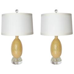 Pair of Murano Lamps by Seguso with Yellow Gold Aventurine and Thick Cased Base