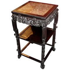 Antique 19th Century Chinese Square Marble Top Two-Tier Carved Rosewood Stand