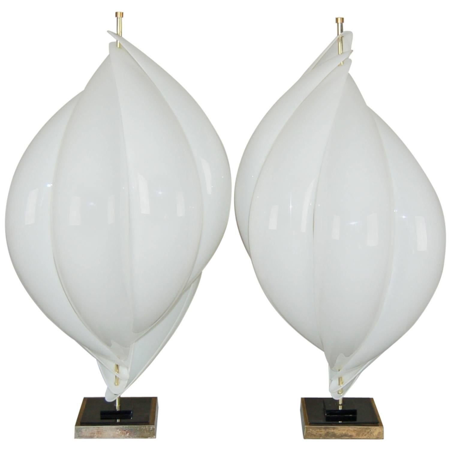 Matched Pair of Acrylic Petal Table Lamps by Rougier, 1970's For Sale