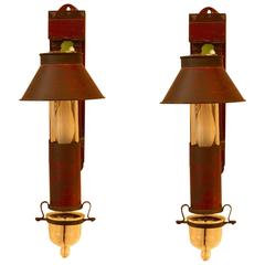 Pair of Late 19th Century Tole Peinte Sconces with Blown Glass Drip Cups