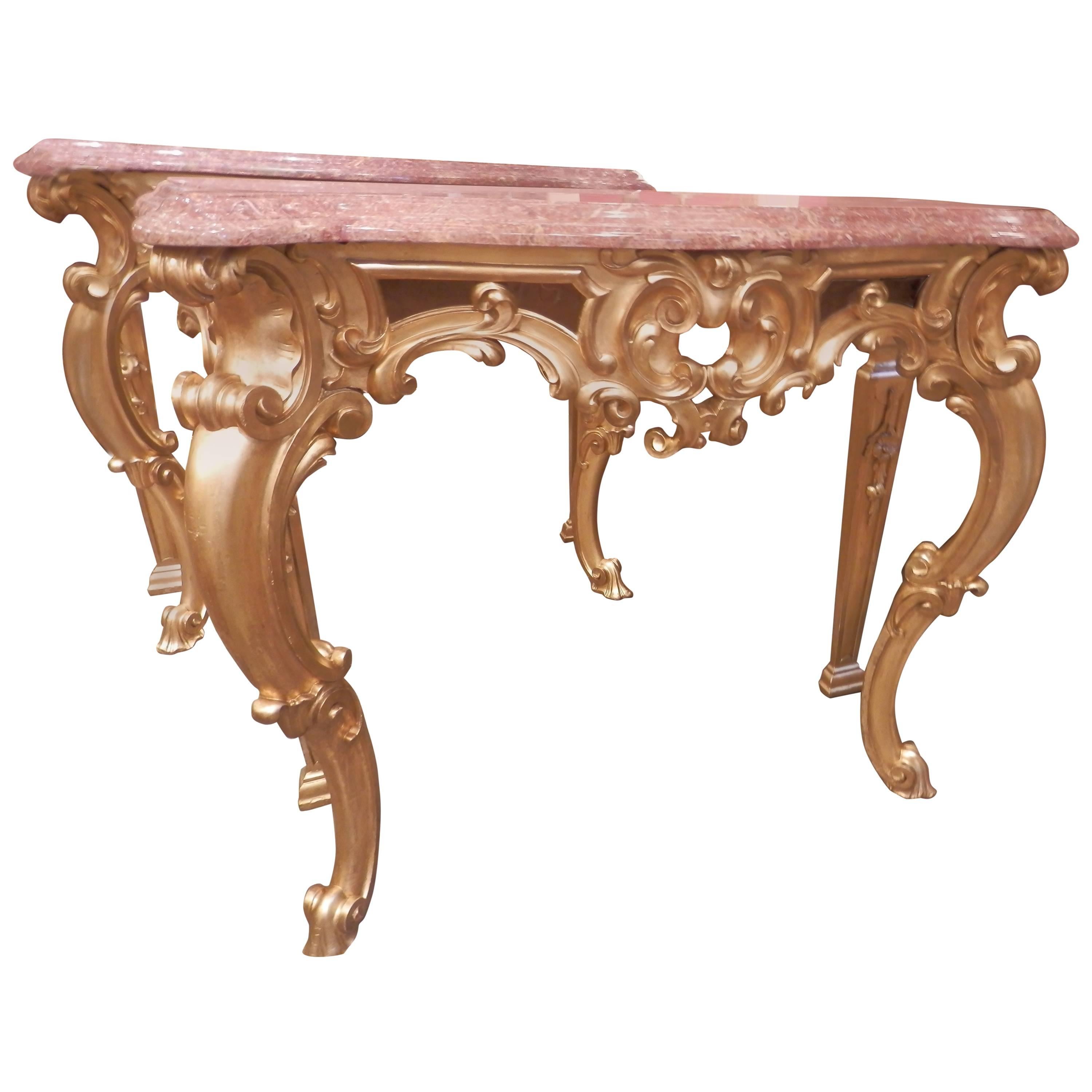 Pair 19th Century French Louis XV Water Gilt Rococo Carved Marble-top consoles For Sale