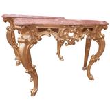 Pair 19th Century French Louis XV Water Gilt Rococo Carved Marble-top consoles