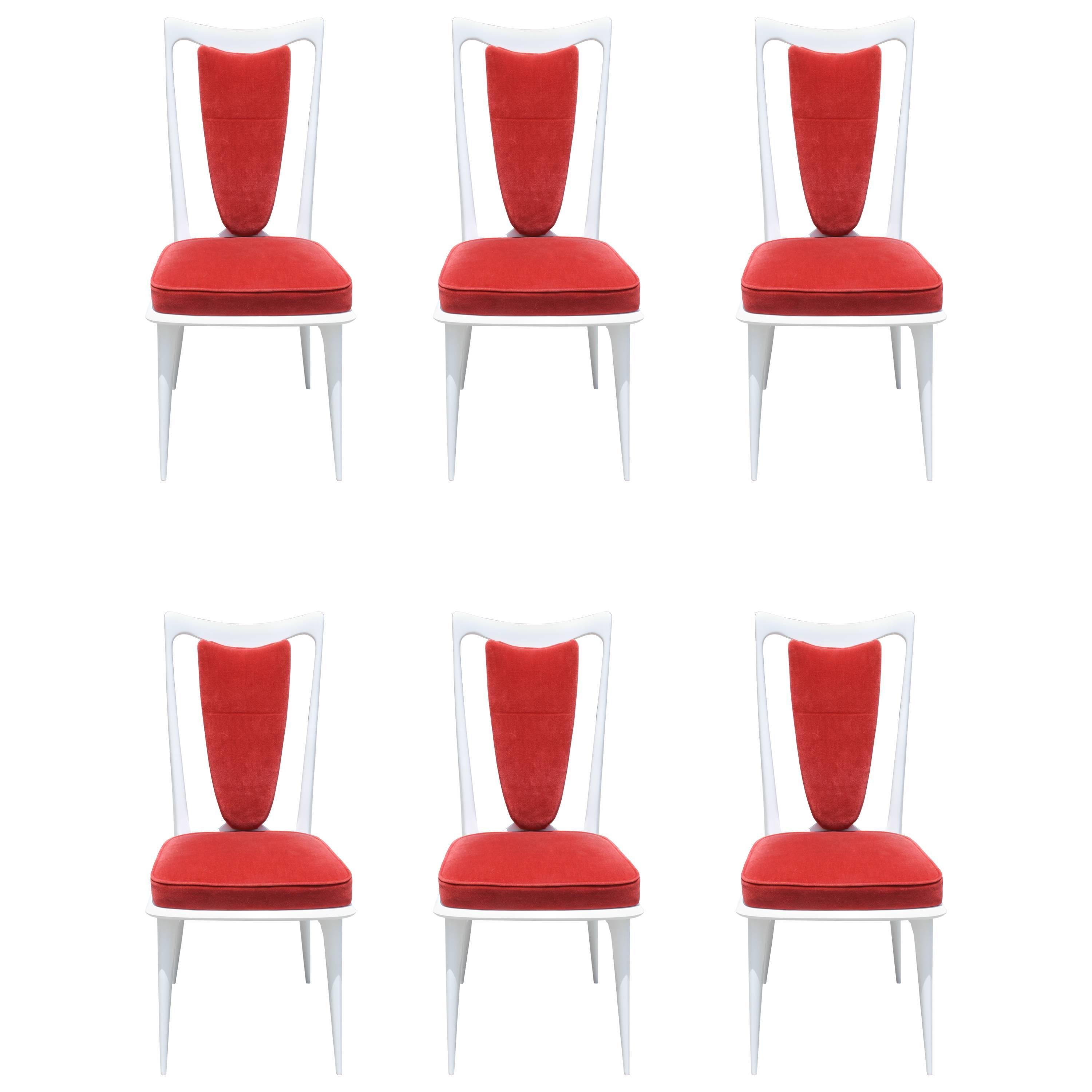 Set of Six French Art Deco White Lacquered Dining Chairs, circa 1940s