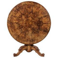 Rare French Restauration Period Tilt-Top Pedestal Center Table of Burled Walnut
