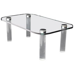 Rectangular Glass Top Lucite Cilinder Legs Coffee Table
