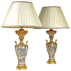 Antique Pair of Chinese Porcelain Lamps Mounted on Gold Gilt Bronze Decorated
