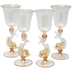 Vintage Set of Four Tall Venetian Goblets, Pretty Pink with Dolphin Figural Stem