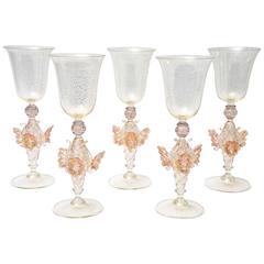 Vintage Set of Five Tall Beautiful Venetian Goblets, Pink Floral & 24-Karat Gold Details
