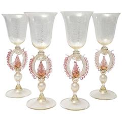 Vintage Set of Four Very Tall and Pretty Pink Venetian Goblets