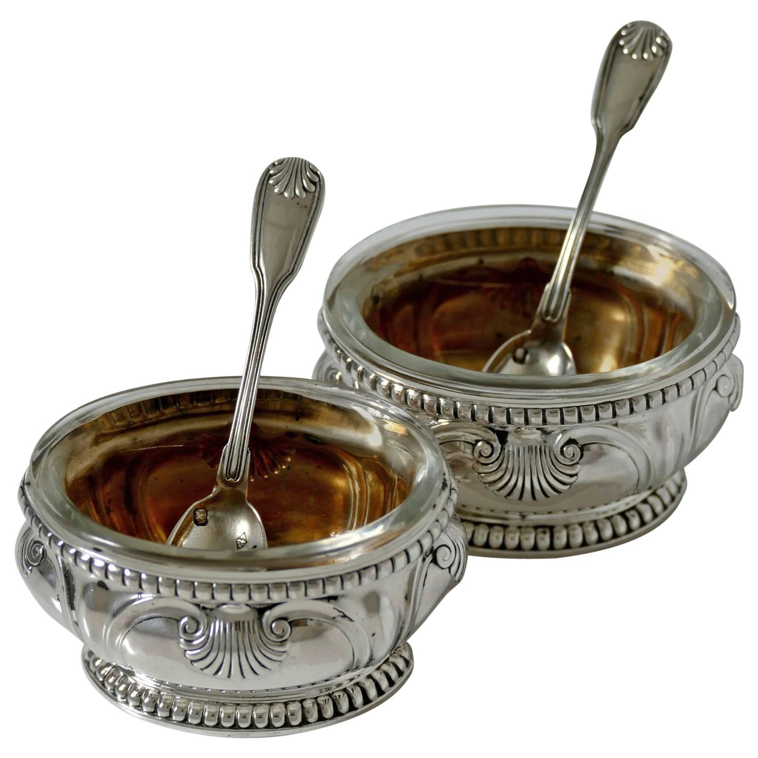 Puiforcat French Sterling Silver Gold 18-karat Salt Cellars Pair with Spoons For Sale