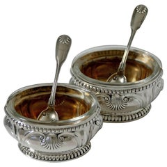 Antique Puiforcat French Sterling Silver Gold 18-karat Salt Cellars Pair with Spoons