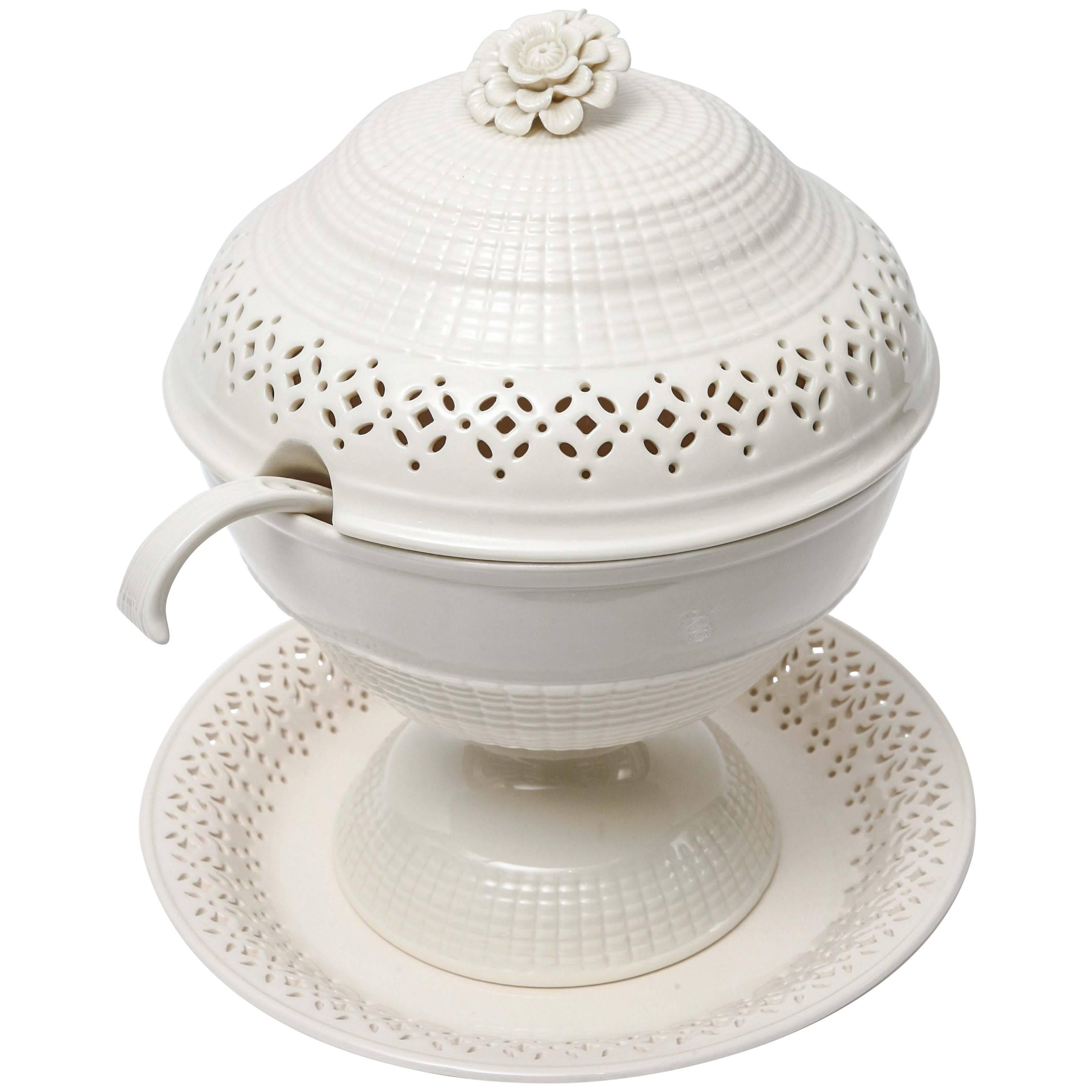Cream Ware Tureen, Large and Impressive, Flower Finial, Undertray and Ladle